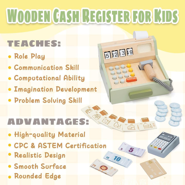 Holzkasse für Kinder – Interaktive Spielkasse für Kaufladen mit Scanner, Kartenleser, Spielgeld & Ho