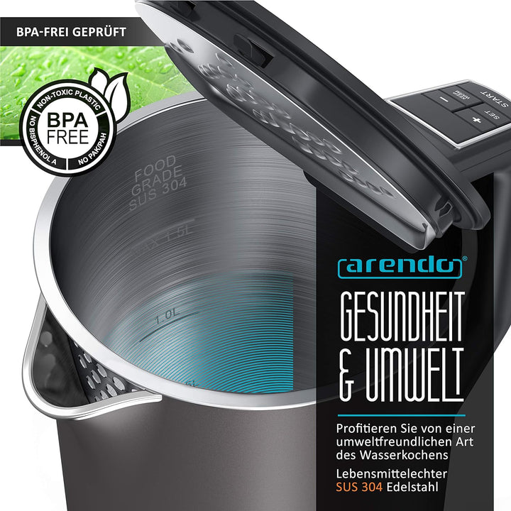 Arendo - Edelstahl Wasserkocher mit Temperatureinstellung 40-100 Grad in 5er Schritten - Doppelwand