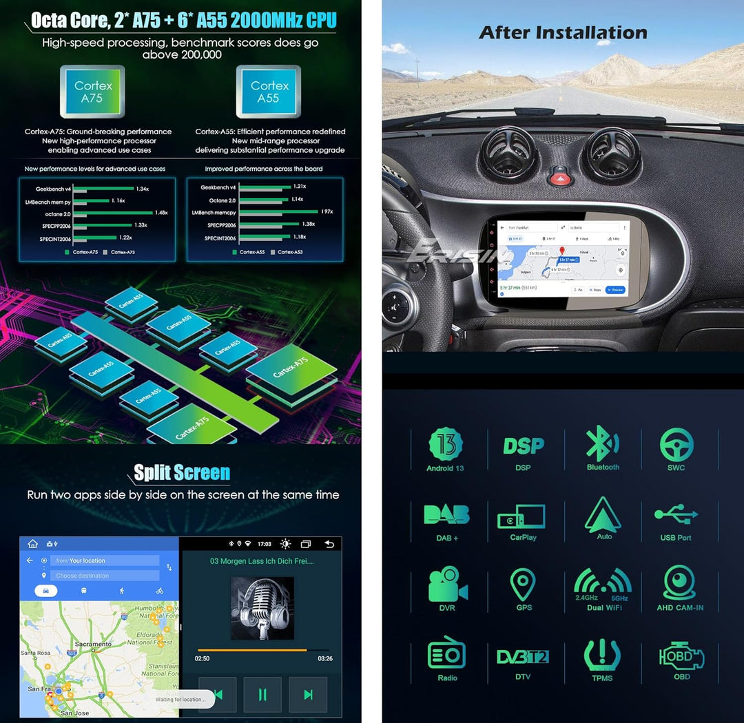 Erisin 8-Kern Android 13 Autoradio GPS Navigation für Mercedes-Benz SMART 9 Zoll HD Touchscreen Unte