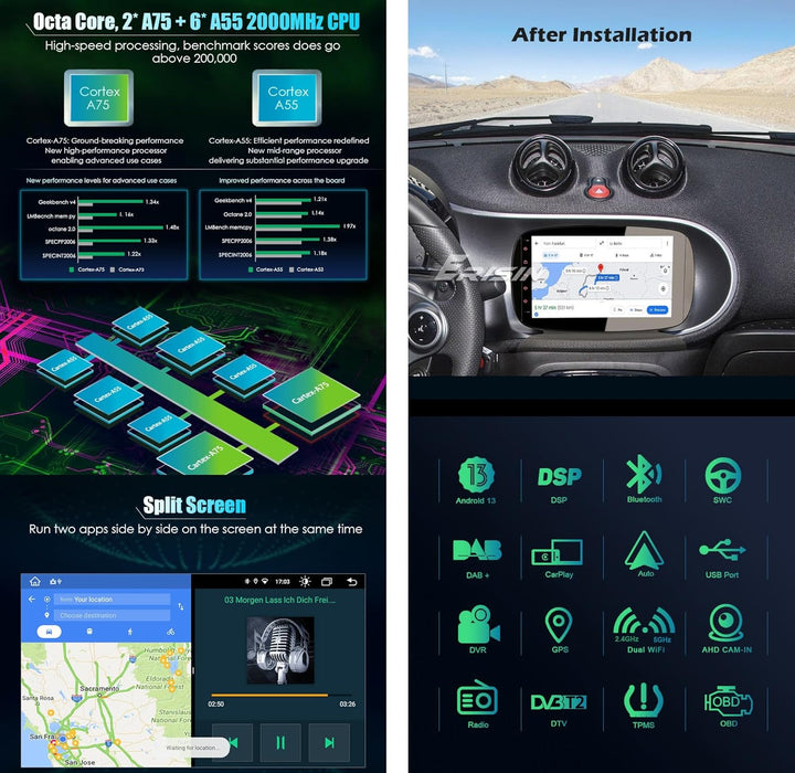 Erisin 8-Kern Android 13 Autoradio GPS Navigation für Mercedes-Benz SMART 9 Zoll HD Touchscreen Unte