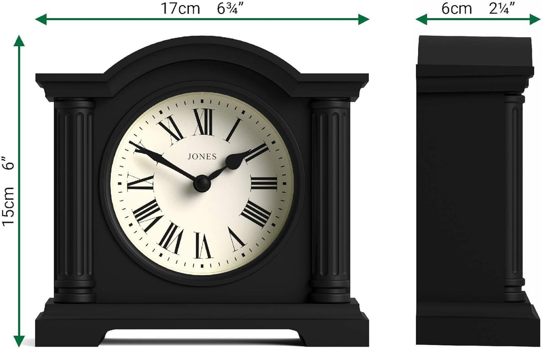 JONES CLOCKS® Kensington Kaminuhr | Klein Klassische Uhr mit gewölbtem Oberteil | Schwarz | Stilvoll