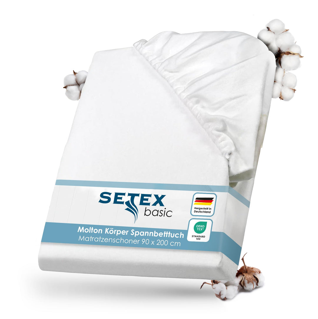 SETEX Molton Köper Matratzenschutz, 90 x 200 cm, Matratzenschoner aus 100 % Baumwolle, Basic, Weiss,