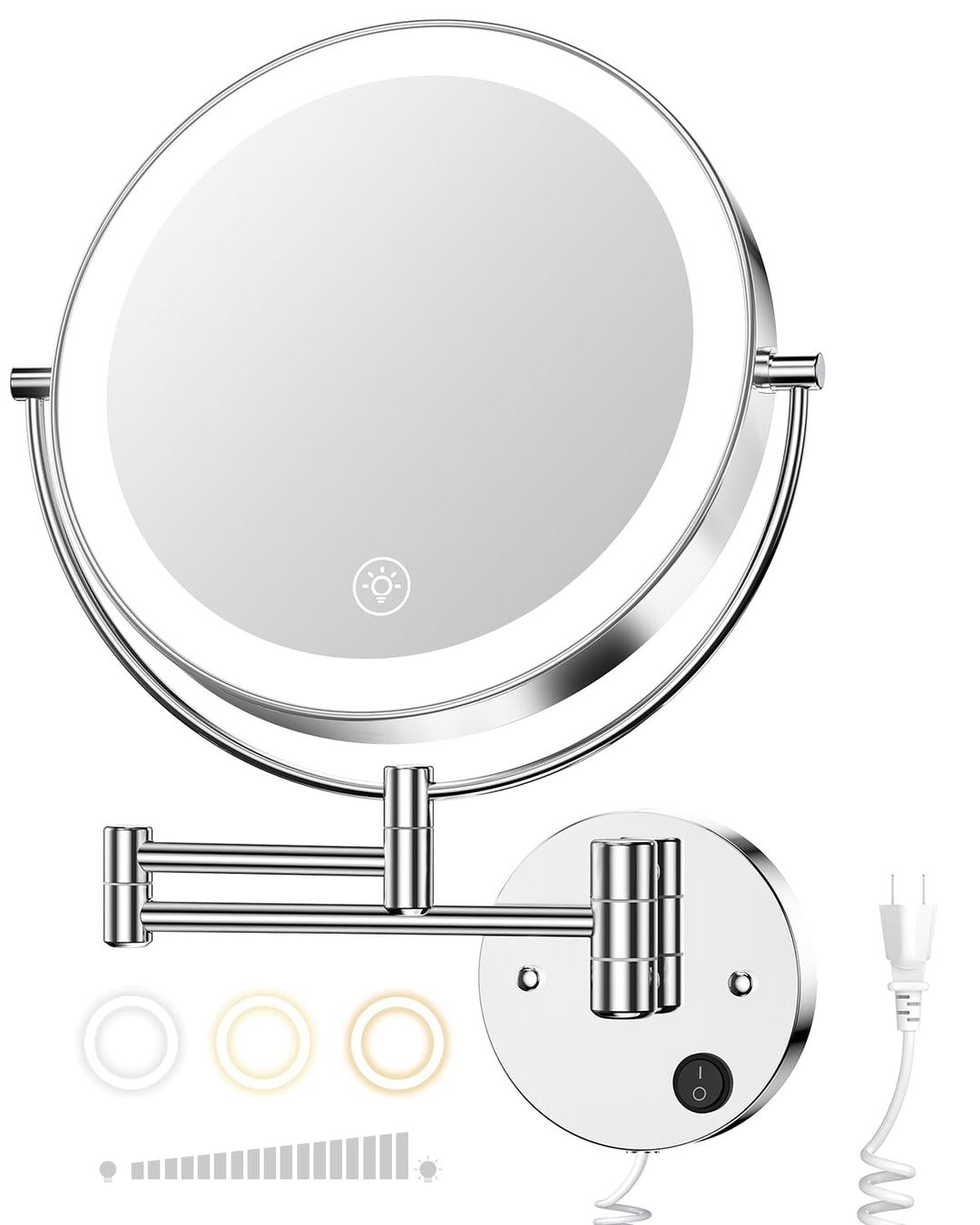 Gospire 9'' Wandmontage Schminkspiegel mit Beleuchtung mit 3 Farben & Dimmable, 1X/10X Vergrösserung