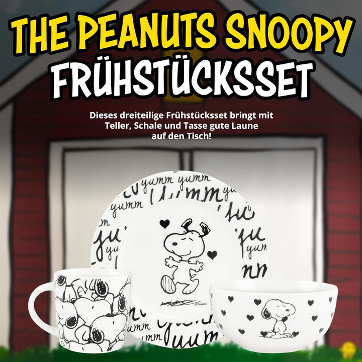 United Labels Snoopy Frühstücksset Kinder, Snoopy yumm, Geschirr Set Porzellan, 3-teilig mit Teller,