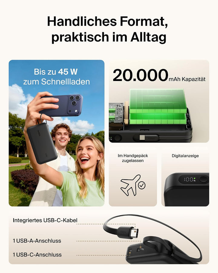 Belkin UltraCharge 20000mAh Power Bank, USB-C-Kabel und Anzeige – Schwarz, Schwarz