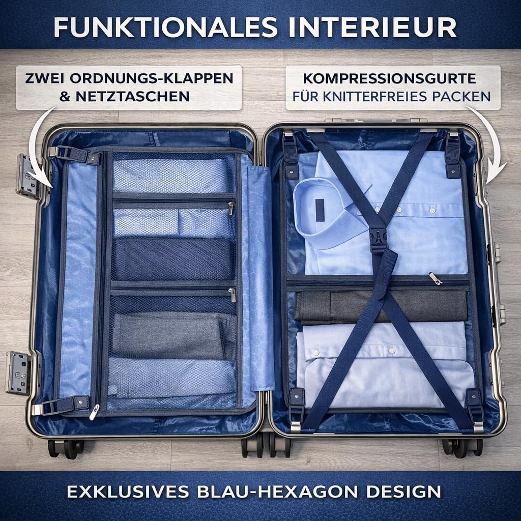 POSH Handgepäck Koffer M - Hartschale 60x40x25 cm Polycarbonat Trolley mit Aluminium Rahmen & 2 TSA-