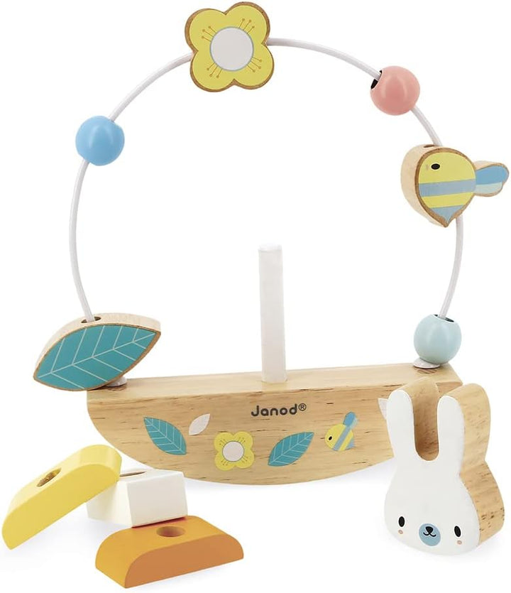 Janod - Motorikschleife mit Hase Pure - Entwicklungsspielzeug aus Holz - 3 Lernaktivitäten - Feinmot