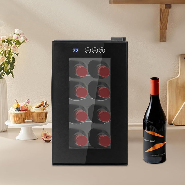 Elektrischer Weinkühlschrank 8 Flaschen,8-18 ℃ Digitaldisplay LED-Licht | Weinkühlschrank Vollglas-D