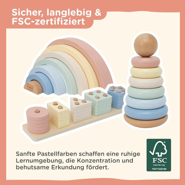 Nene Toys Montessori Holzspielzeug ab 1 Jahr – FSC 3-in-1 Regenbogen, Stapelturm &amp; Sortier-Steckspie