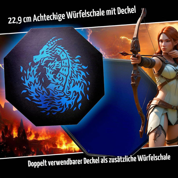 Fantasydice - Feuerdrache – Würfeltablett – 20 cm achteckig, mit Deckel und Würfelfel-Bereich – für