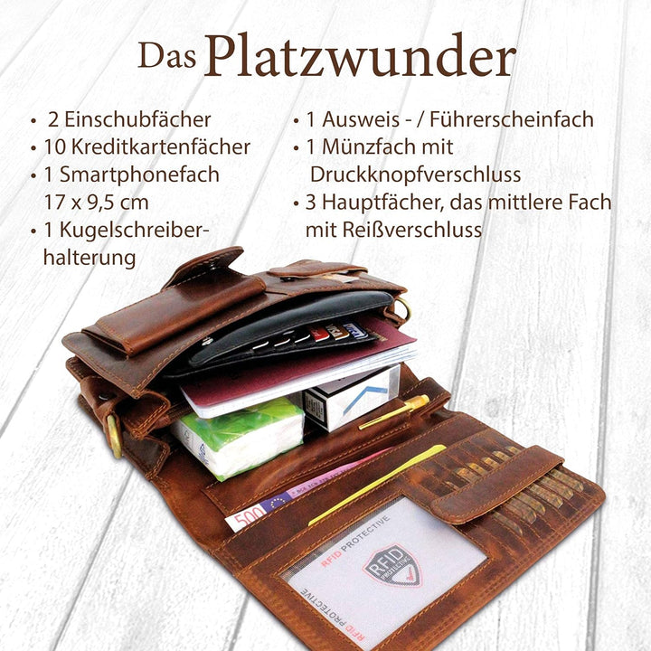 Corno d´Oro Herren Leder Handgelenktasche RFID Schutz I Handgemachte Ledertasche Umhängetasche I Ech