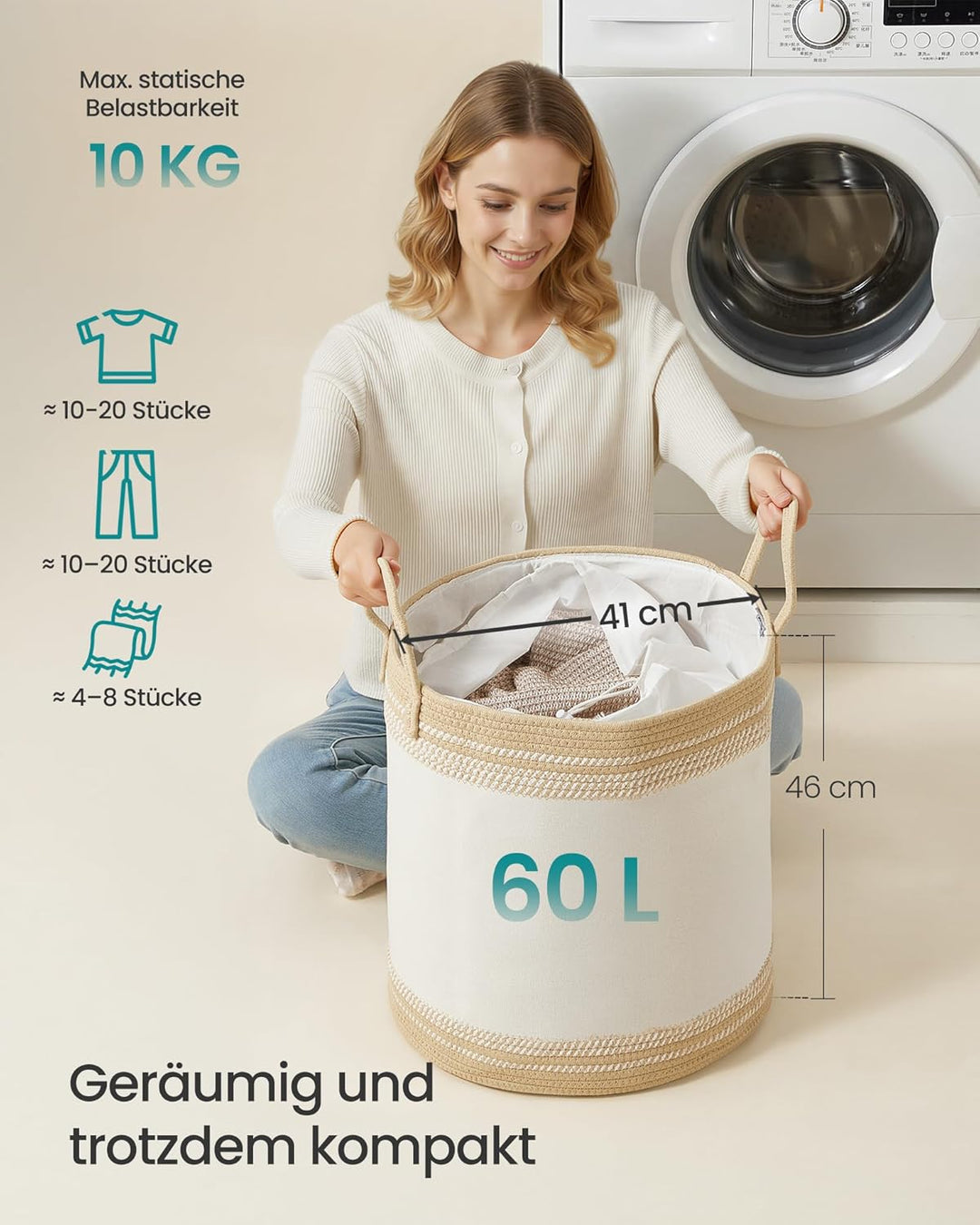 SONGMICS Wäschekorb Baumwollseil Aufbewahrungskorb mit Henkel | Wäschesammler, für Decken, 60 L, wol
