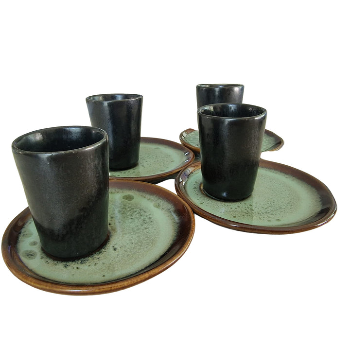 PintoCer - Espresso Kaffeetassen aus weissem Steingut, ohne Griff mit brauner Untertasse (Schwarz/Gr