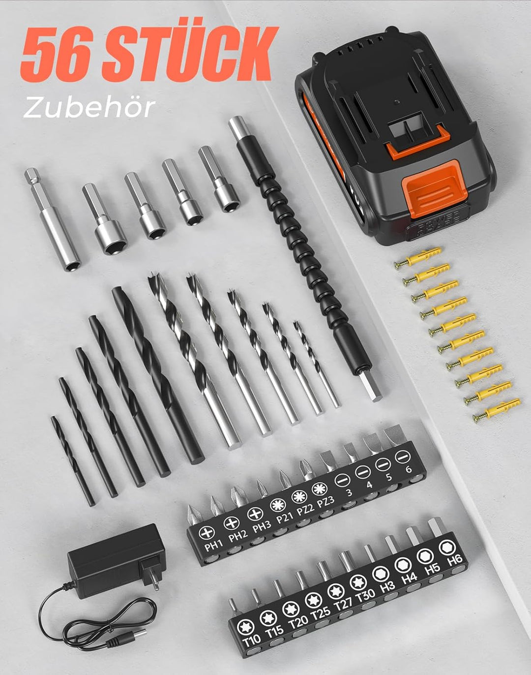Akkuschrauber, 20V Akku Bohrschrauber, 25+1 Drehmomentstufen Akkubohrer, 42Nm Max Drehmoment, LED-Li