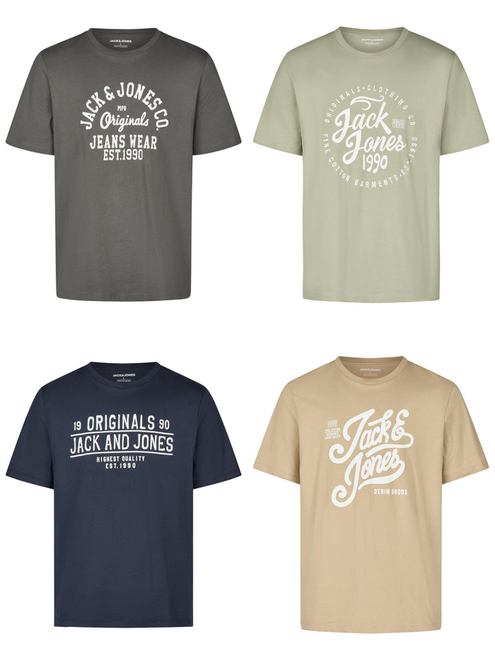 JACK &amp; JONES JJLINO T-Shirt 4er Pack Rundhals Kurzarm Shirt Regular Fit Print Sommer 100% Baumwolle