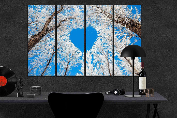 Leinwandbild, Herz-Baum mit blauem Himmel, 4-teilig, moderne Bilder, Heimbüro-Dekoration, gerahmtes