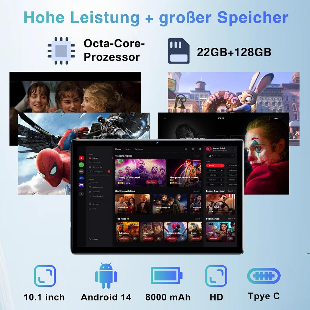 2025 Neueste Tablet 10 Zoll Android 14 mit 22GB RAM+128GB ROM 1TB TF, Octa-Core,Widevine L1,5G+2.4G