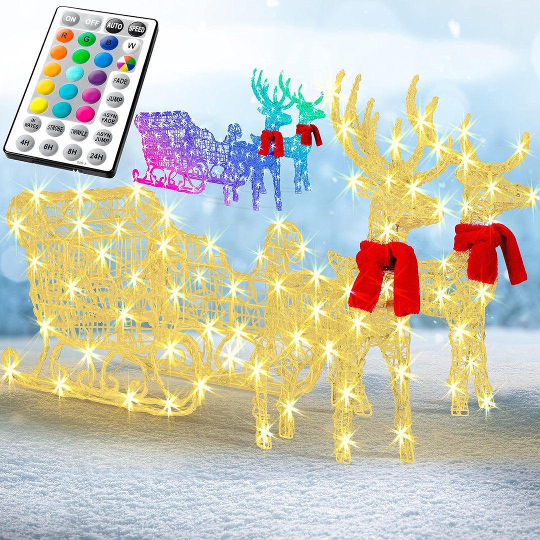 KESSER® 240er LED Rentiere mit Schlitten Mit Fernbedienung 30 Funktion, weiss/Bunt, Inkl. 2X Dekosch