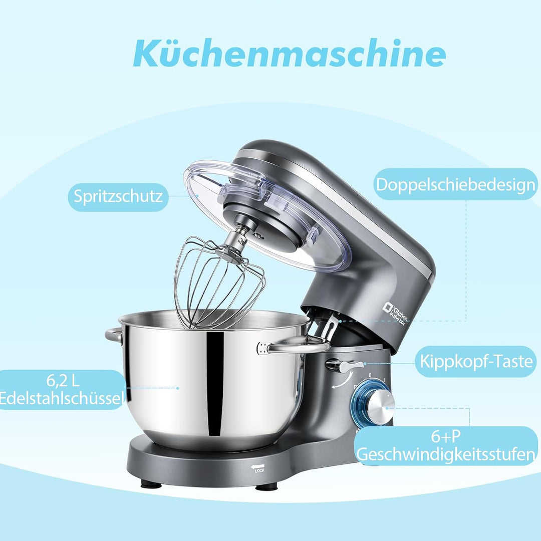 Kitchen in the box Küchenmaschine, 6,2 L Knetmaschine 1400 W, 6 Geschwindigkeits Teigmaschine mit Rü