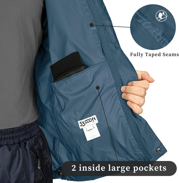 33,000ft Regenjacke Herren Leicht Wasserdicht Faltbare Regenmantel mit Kapuze Fahrrad Rain Windbreak