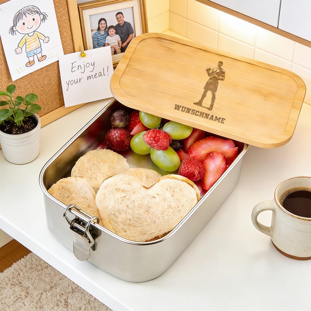 LIEBTASTISCH® Personalisierte Brotdose mit Wunschname - Boxer Kampfstellung Silhouette Gravur - Edel