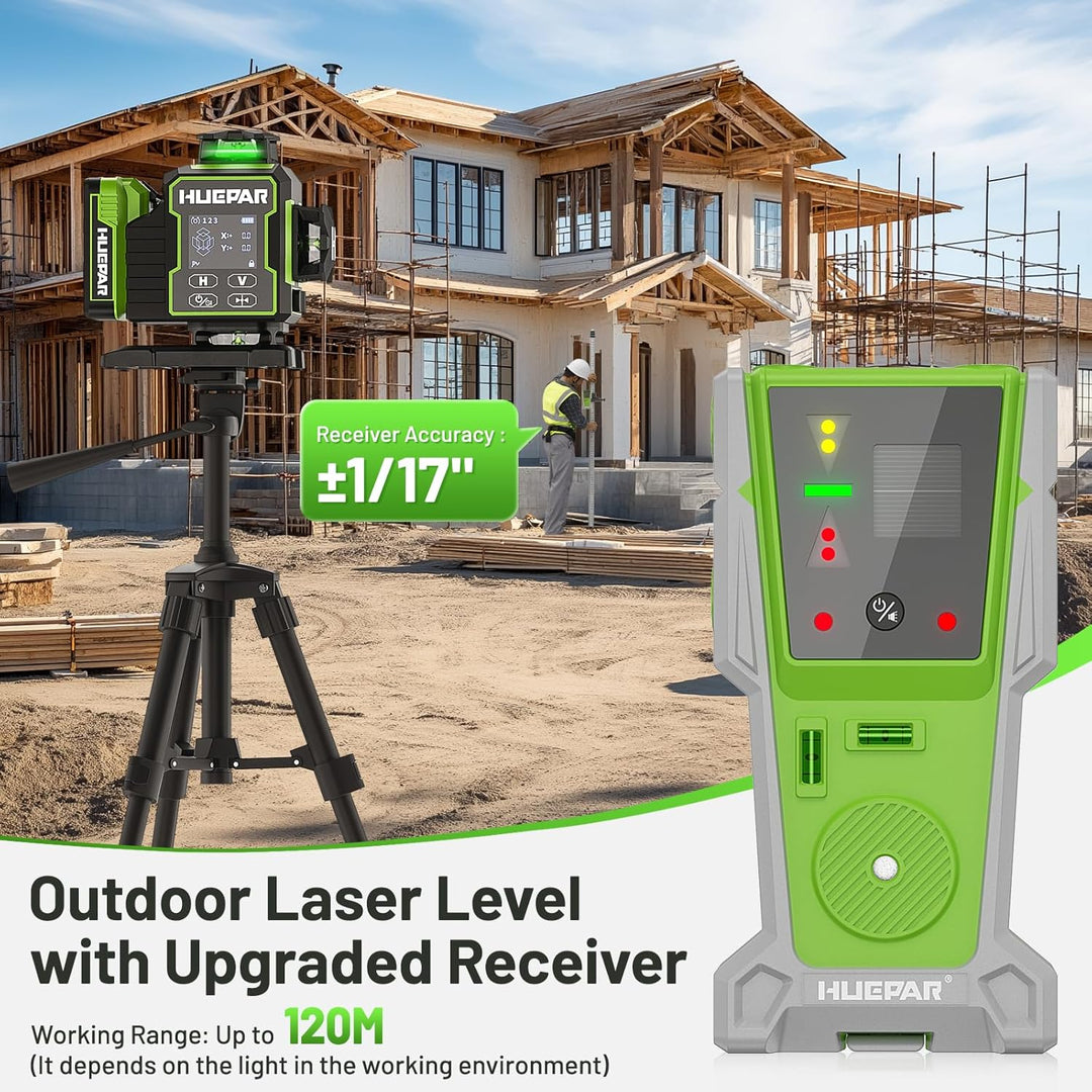 Huepar W04CG 8RG 4D Laser-Wasserwaage mit Laserdetektor, LCD-Display Laser-Wasserwaage mit drehbarer