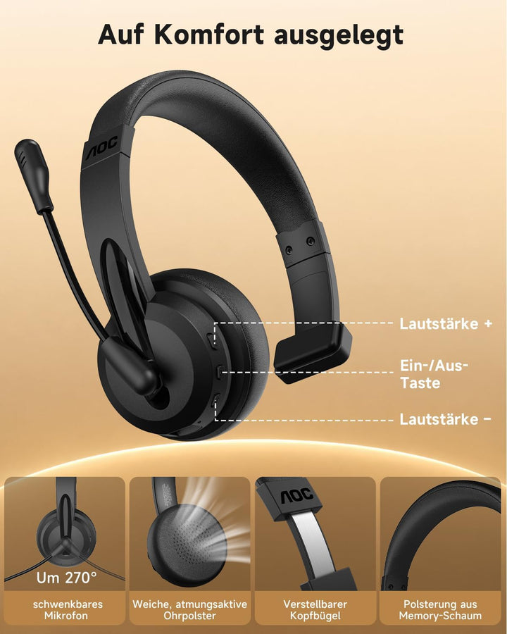 AOC 3-in-1 Bluetooth Headset mit Mikrofon Mono Headset Kabellos 2.4G Dongle | Bluetooth Headset mit