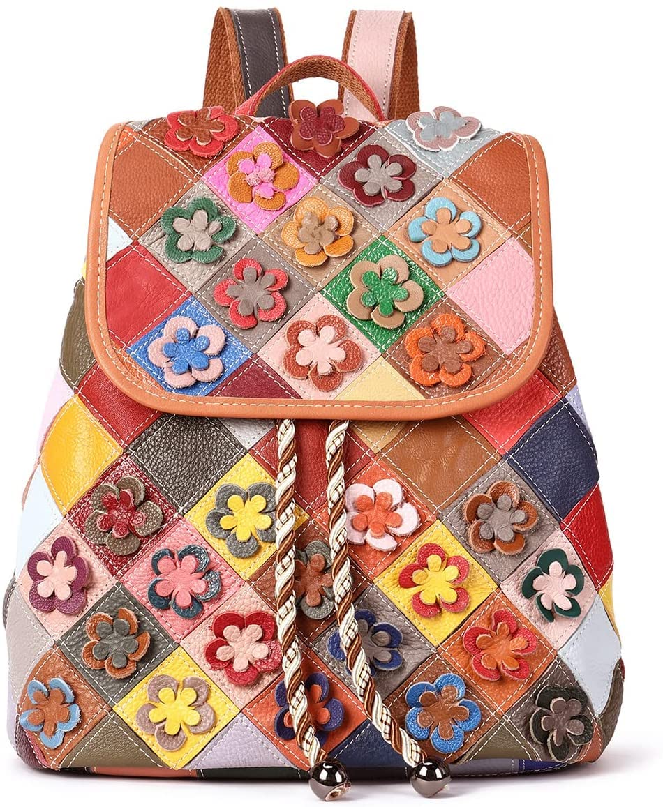 Eysee Rucksack Damen klein elegant aus echtem Leder mit Blumen für Alltag Mehrfarbig 1, Mehrfarbig 1