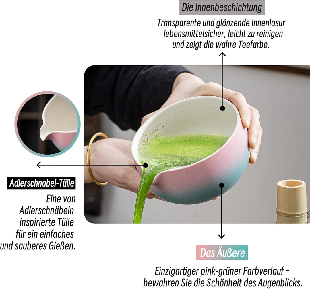 TEANAGOO Japanische Matcha-Schale K11 mit Schneebesenhalter,510ml Keramik-Chawan mit sanftem Rosa-Gr
