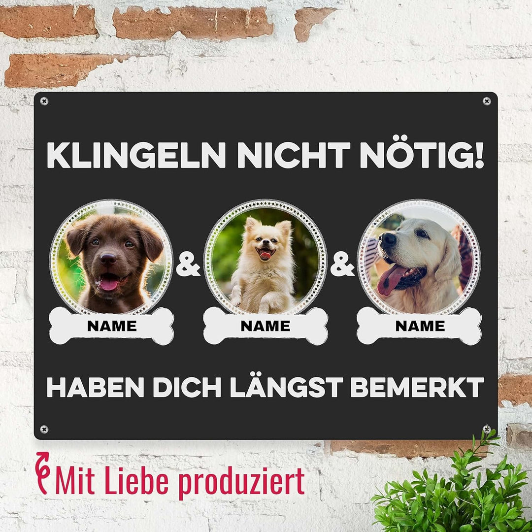 Hunde Schild personalisiert - Klingeln nicht nötig - Metallschild mit Foto und Name für aussen, wett