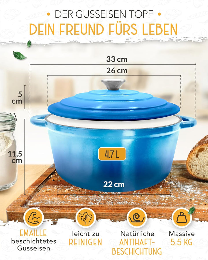 KRUSTENZAUBER Gusseisen Topf als Schmortopf mit Deckel - 26cm Emaille Topf als Gusseisen Bräter oder