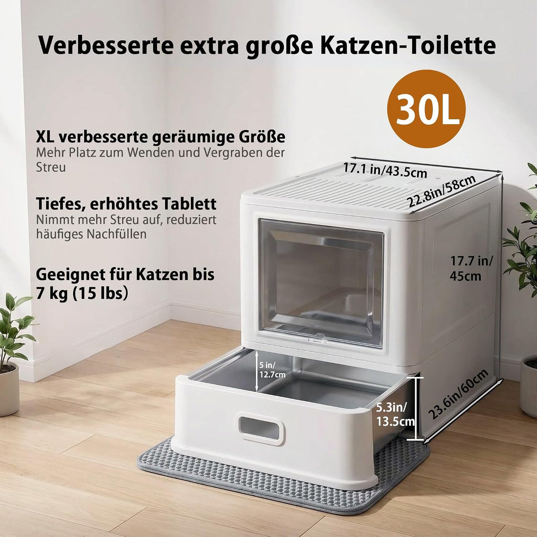 Marchul XL Katzentoilette, Geschlossene Katzentoilette aus Edelstahl mit Deckel und Schubladen-Desig