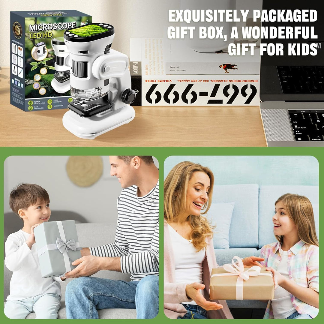 Auveach 3-in-1 Mikroskop für Kinder 1000X, USB Tragbares Digitales Mikroskop mit 2,0" Bildschirm - W
