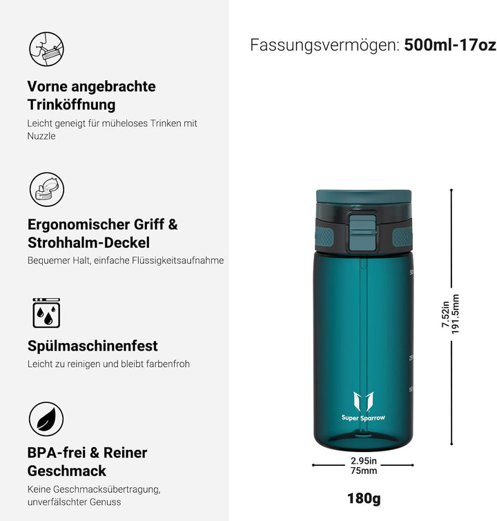 Super Sparrow Trinkflasche - TouchSip Wasserflasche - 500ml, 750ml, 1000ml - BPA-frei - Ideale Sport