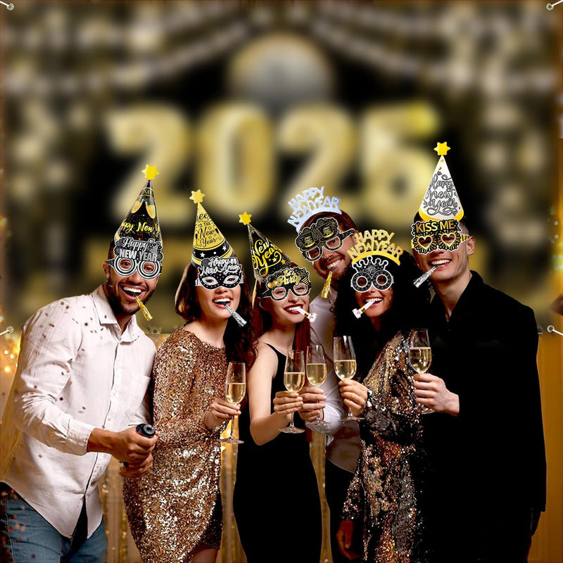 Silvester Deko 2025 Neujahr Party Dekoration Set, Neujahr Partyhüte Silvester Haarreif Silvester Pap