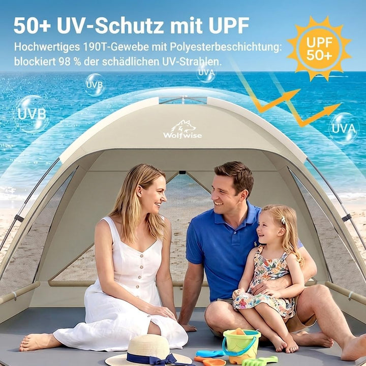 Wolfwise Strandmuschel UV Schutz, 3 Belüftungsfenster & Tragetasche, Strand Zelt mit erweiterbarem B