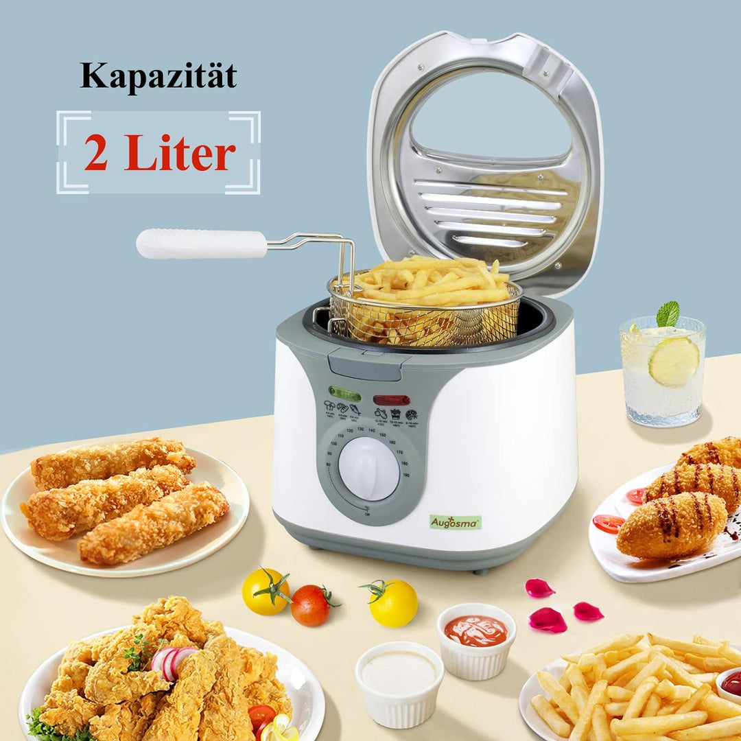Augosma Mini Fritteuse Mit öl | 1200-1450W l Kapazität: 2 Liter l Sichtfenster l Frittierkorb aus Ed