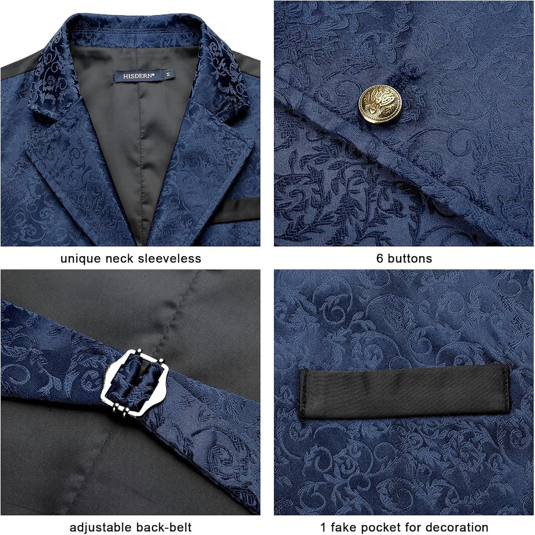 HISDERN Herren Paisley Weste Formelle Hochzeit Party Gothic Steampunk Revers Weste für Herren L Navy