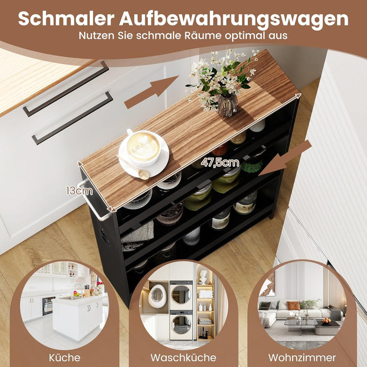 COSTWAY Nischenwagen 13cm breit, 4 Etagen Küchenwagen schmal mit Ladestation, Nischenregal auf Rolle