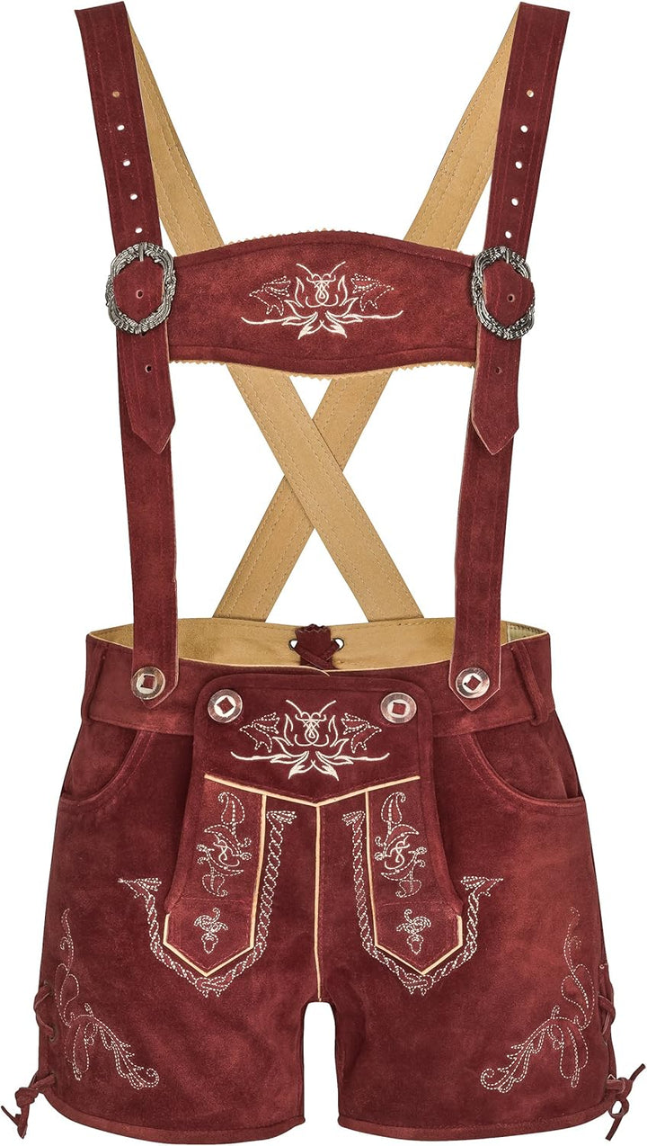 Damen Lederhose kurz - Trachtenlederhose Bergrose - Trachtenhose Hotpants mit Hosenträger 38 Rot, 38