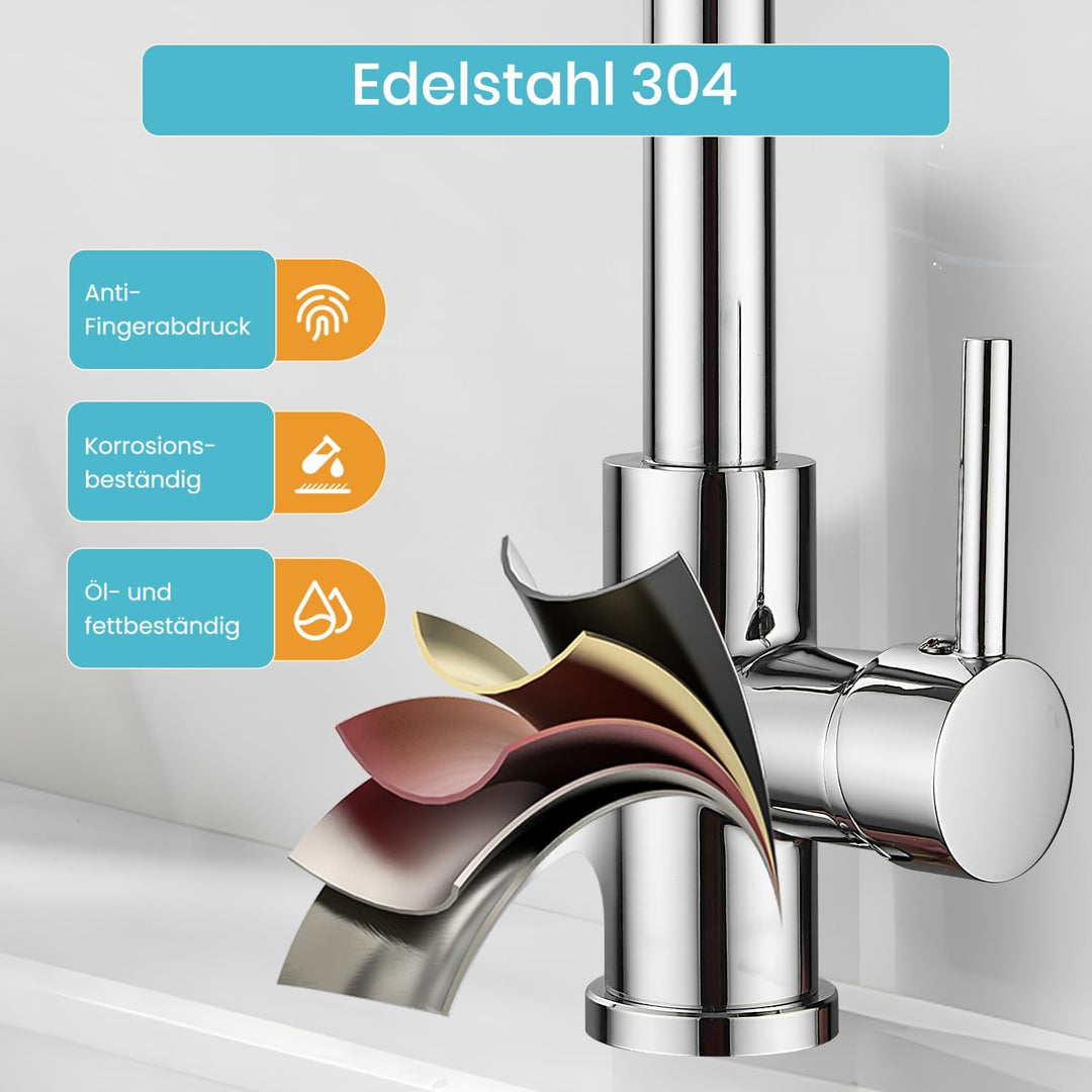 Niederdruck Armatur Küche Ausziehbar,Chrome Edelstahl,Wasserhahn Küchenarmatur mit 3 Anschluessen fü