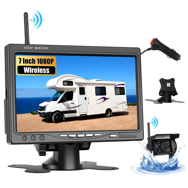 CAMECHO Rückfahrkamera Kabellos IP68 Wasserdicht Nachtsicht Weitwinkel Kamera mit 7 Zoll HD Monitor