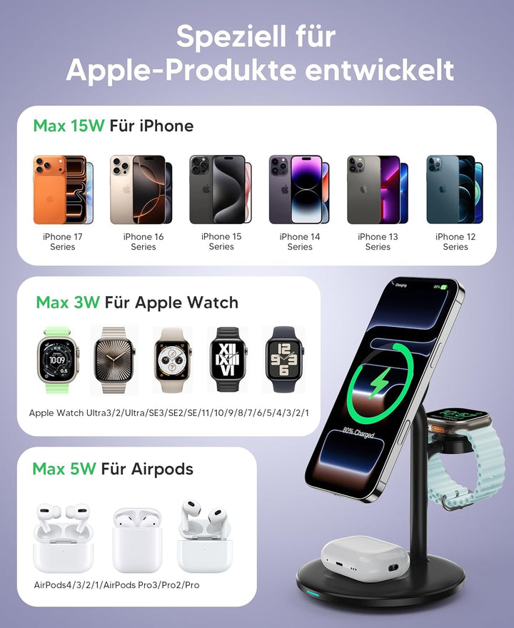 3 in 1 Induktive Ladestation für mehrere Geräte,15W Kabellos Ladestation,Wireless Charger Kompatibel