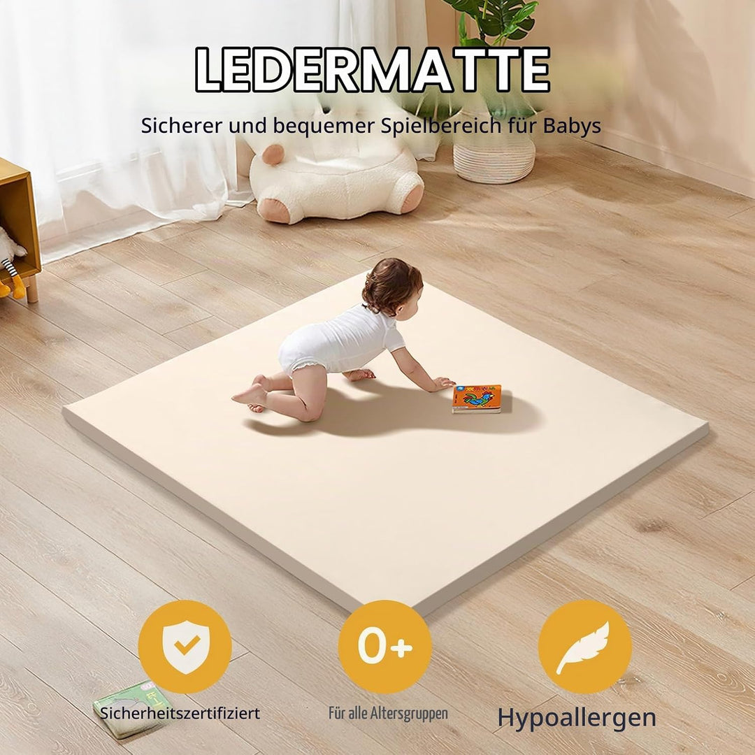 Leder Krabbelmatte Baby 125x125x3cm Beige: Extra Dicke Spielmatte für Baby &amp; Kinder - Weich &amp; Wasser