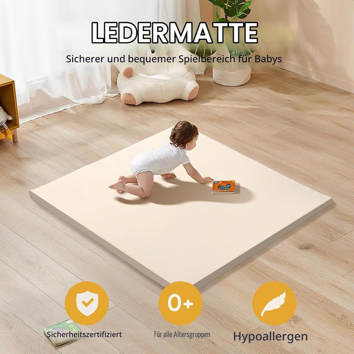 Leder Krabbelmatte Baby 125x125x3cm Beige: Extra Dicke Spielmatte für Baby &amp; Kinder - Weich &amp; Wasser