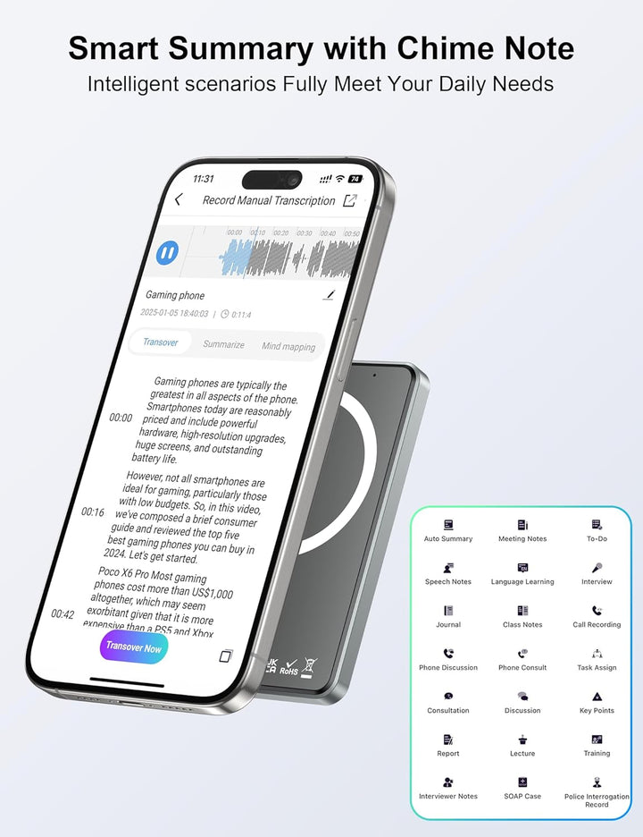 AI Digitales Diktiergerät, Genau Transkription und Zusammenfassende Übersicht, 64 GB Speicher Aufnah