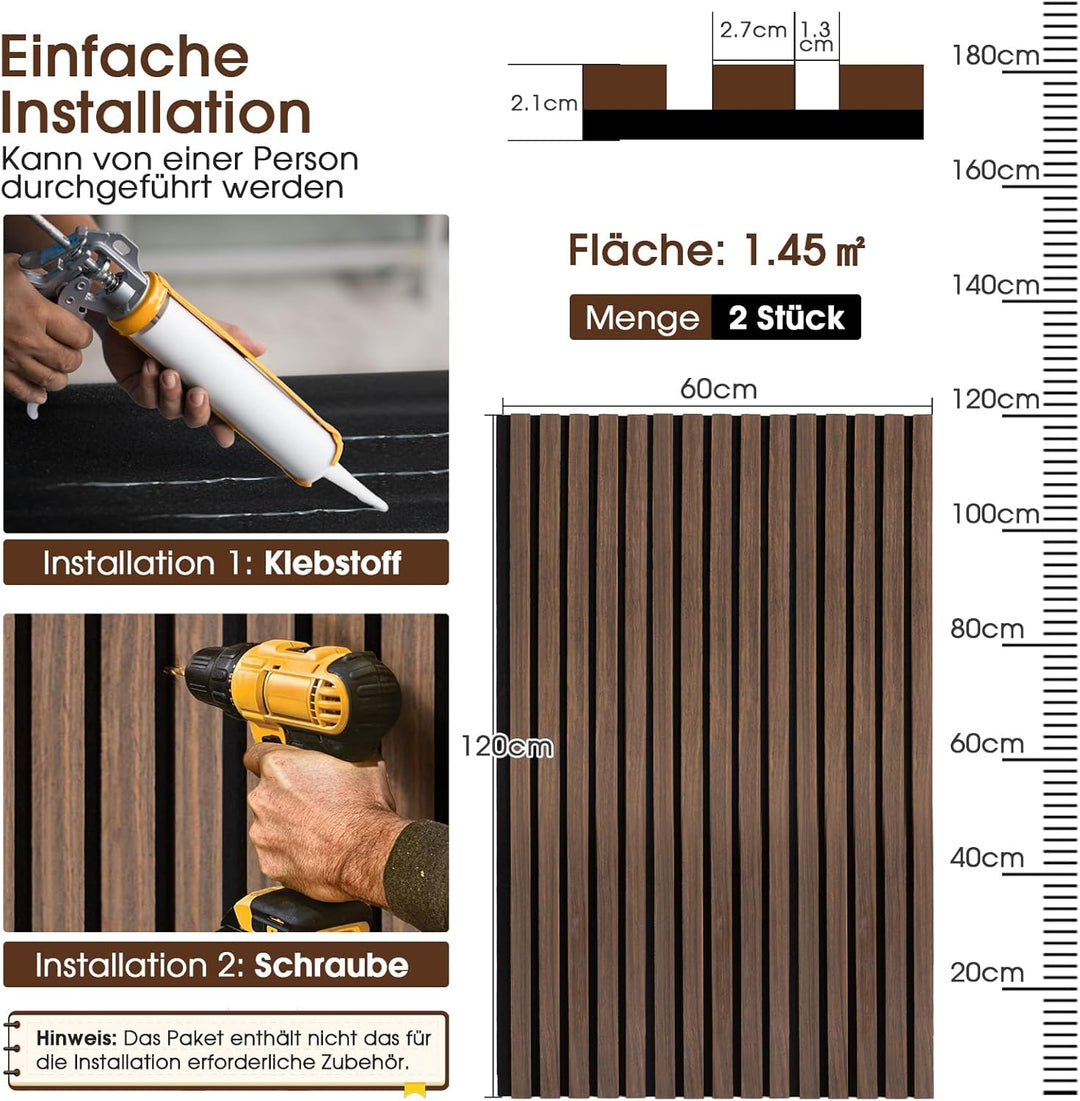 Akustikpaneele Holz, 2 Stück 120x60cm (1,44㎡), Wandpaneele Holzoptik, Hervorragende Schallabsorption