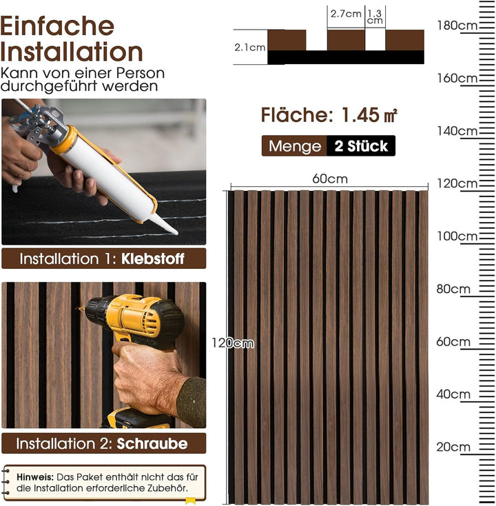 Akustikpaneele Holz, 2 Stück 120x60cm (1,44㎡), Wandpaneele Holzoptik, Hervorragende Schallabsorption