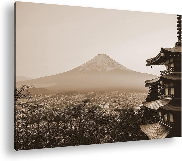 der mit Schnee bedeckte Fuji Berg aus Japan Effekt: Sepia, Format: 80x60 als Leinwandbild, Motiv fer