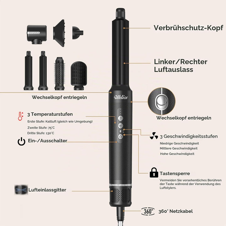 UKLISS Airstyler 7-in-1 Pro, Hair Dryer &amp; Haarstyler mit Lockenstab Automatisch, Föhnbürste, Diffuso